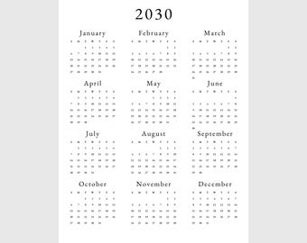 2030 Yearly Calendar 2030 Annual Calendar Printable 2030 Calendar Vertical 2030 Wall Calendar A3 A4 Letter Size Desk Calendar 2030 Print PDF