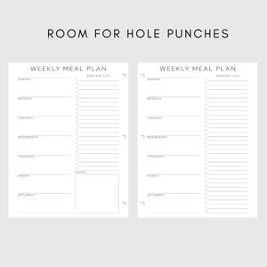 Może przedstawiać: Dwie białe strony z tygodniowym planem posiłk&oacute;w z napisem "ROOM FOR HOLE PUNCHES" u g&oacute;ry. Każda strona ma sekcje na każdy dzień tygodnia, listę zakup&oacute;w i sekcję notatek. Tekst "WEEKLY MEAL PLAN" znajduje się u g&oacute;ry każdej strony.