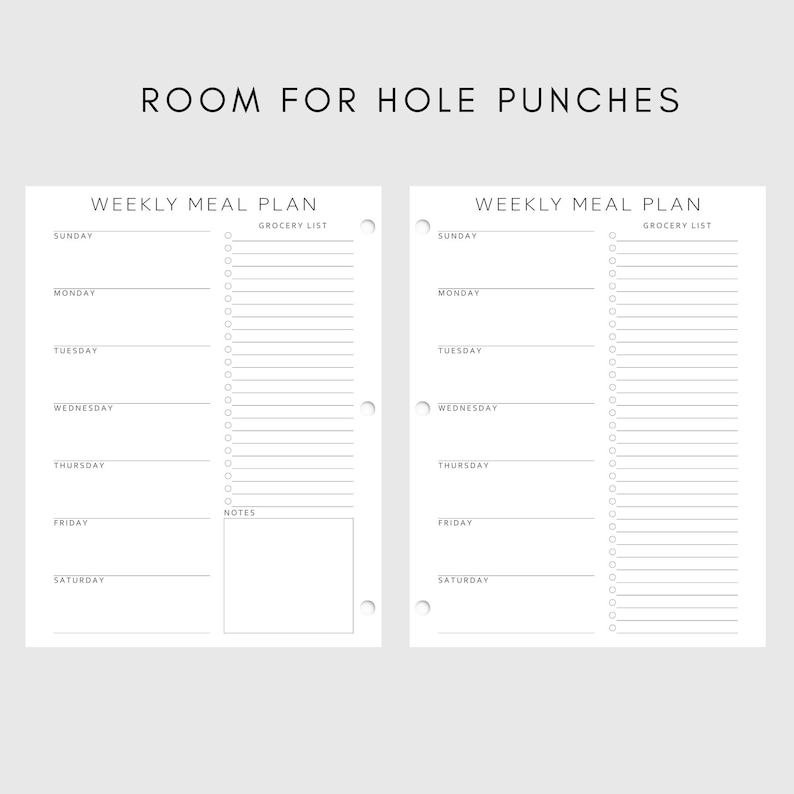 Może przedstawiać: Dwie białe strony z tygodniowym planem posiłk&oacute;w z napisem "ROOM FOR HOLE PUNCHES" u g&oacute;ry. Każda strona ma sekcje na każdy dzień tygodnia, listę zakup&oacute;w i sekcję notatek. Tekst "WEEKLY MEAL PLAN" znajduje się u g&oacute;ry każdej strony.