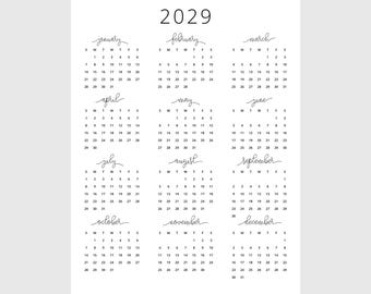 2029年カレンダー（祝日1ページ付き）、印刷可能、横長、壁掛け