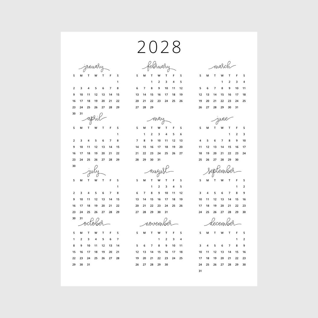 2028年カレンダー | シングルページ | 月曜日と日曜日開始 | 年間