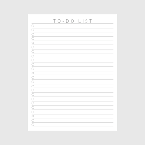 May include: A white To-Do List notepad with a minimalist design. The notepad features the text "TO-DO LIST" at the top, followed by a series of horizontal lines and circles for checkmarks. The background is a light gray.