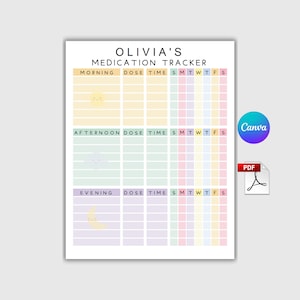Puede incluir: Un rastreador de medicamentos imprimible con el título "OLIVIA'S MEDICATION TRACKER" en un diseño minimalista. El rastreador incluye secciones para dosis de la mañana, la tarde y la noche, con espacio para registrar la dosis, la hora y los días de la semana. El diseño incorpora colores pastel.