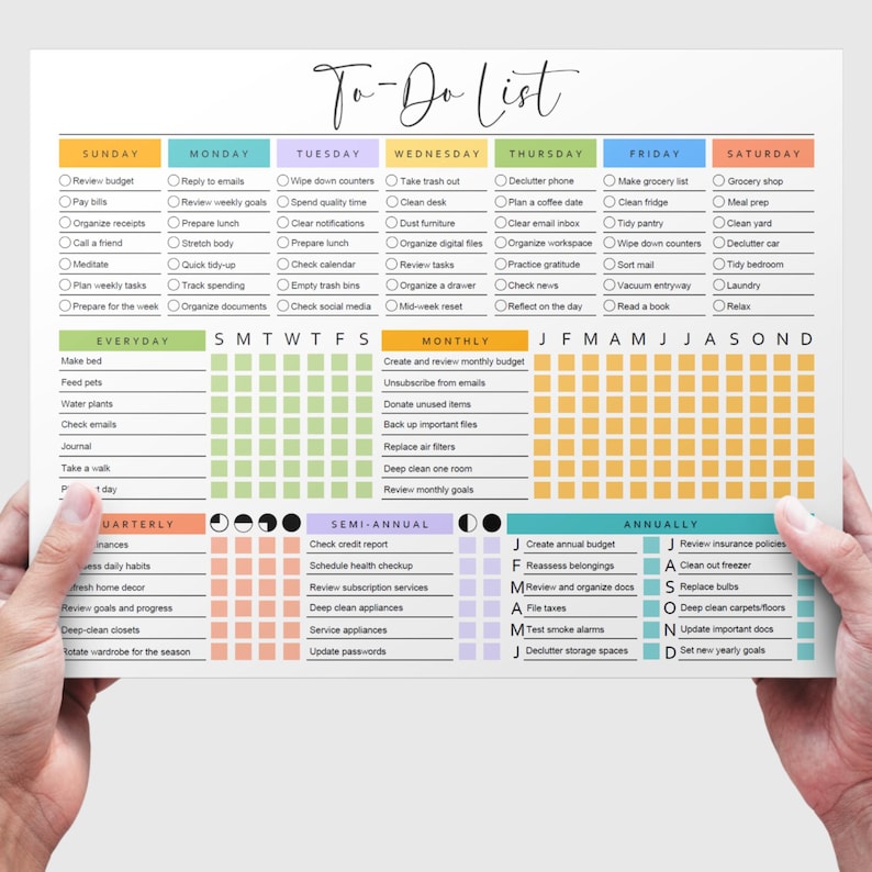 Printable To Do List Template Colorful PDF Checklist Daily Weekly Monthly Annual Instant Download Sunday & Monday Start Task Tracker ADHD A4 image 4
