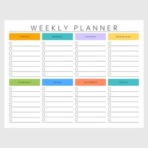 Peut inclure: Un planificateur hebdomadaire blanc avec les mots "WEEKLY PLANNER" en haut. Les jours de la semaine sont dans des cases colorées : orange, turquoise, violet, jaune, vert, bleu et corail. Chaque jour a une série de cercles et de lignes vides.
