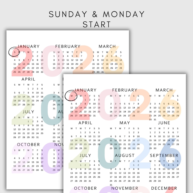2026 Year at a Glance Calendar Printable | Full Year One Page | A4, A3 ...