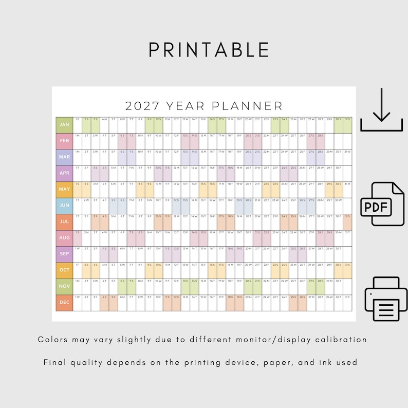 2027 Printable Year Planner | Large Wall Calendar 2027 | Yearly Wall ...