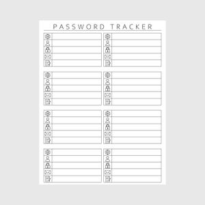 Op de afbeelding: Een wit wachtwoordtrackerblad met de tekst "PASSWORD TRACKER" bovenaan. Het blad is verdeeld in secties met pictogrammen die internet, een slot, een persoon, een e-mail en een document vertegenwoordigen.
