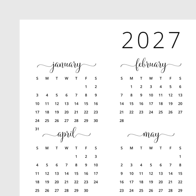 Pode incluir: Um calend&aacute;rio imprim&iacute;vel em preto e branco para o ano de 2027, mostrando os meses de janeiro, fevereiro, abril e maio.