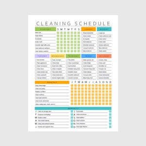 Peut inclure: Un tableau de planning de nettoyage blanc avec du texte noir et des en-têtes colorés. Il comprend des listes de tâches quotidiennes, mensuelles et annuelles avec des cases à cocher, une grille hebdomadaire verte et une grille mensuelle jaune.