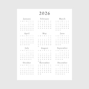 May include: A black and white calendar for the year 2026. Each month is displayed in a separate box with the days of the week labeled as S, M, T, W, T, F, S. The months are January, February, March, April, May, June, July, August, September, October, November, and December.