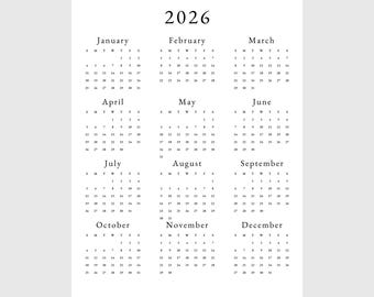 2026 Yearly Calendar 2026 Annual Calendar Printable 2026 Calendar Vertical 2026 Wall Calendar A3 A4 Letter Size Desk Calendar 2026 Print PDF
