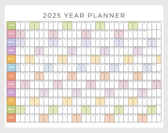 2025 Printable Year Planner | Large Wall Calendar 2025 | Yearly Wall Calendar | Rainbow Year Calendar | Giant Wall Calendar | A1 A2 A3 PDF
