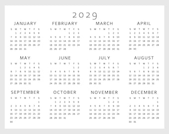 Calendario 2029 stampabile / Pagina singola / Calendario annuale / Anno in sintesi / Calendario da tavolo / Inizio lunedì e domenica, formato PDF A4 A5 US LETTER