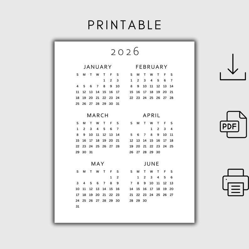 2026 Year at a Glance Calendar Printable | 6 Months One Page | A4, A3 ...