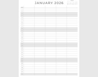 Planner familiare 2026 / Calendario mensile minimalista PDF / Planner familiare mensile 2026 / Download digitale istantaneo / Calendario da parete mensile 2026