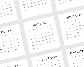 Mini calendario 2027, piccolo calendario 2027 stampabile, calendario minimalista 2027, calendario quadrato 3 x 3 pollici, calendario tascabile 2027, calendario da scrivania fai da te