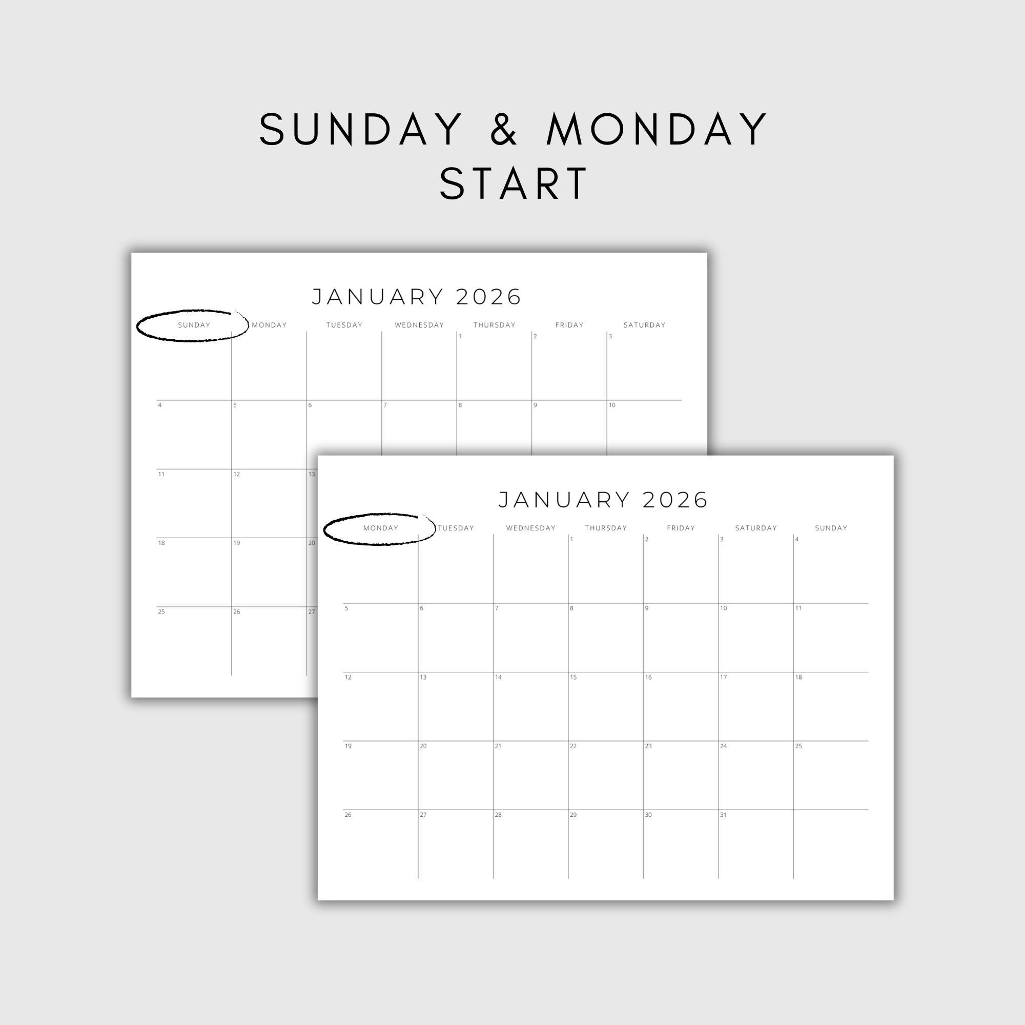 2026 Calendar Printable, Monthly Planner Landscape, Minimal Monthly ...