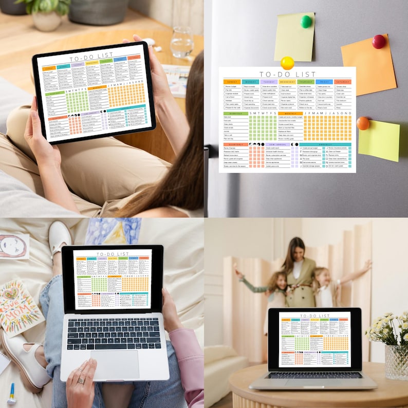 May include: A to-do list on a tablet with a stylus. The list is divided into sections for everyday, monthly, quarterly, semi-annual, and annual tasks. Each section has a grid of squares for checking off tasks. The squares are color-coded by month. The list includes tasks such as 'make budget', 'feed pets', 'check email', 'review bank balances', 'clean gutters', 'schedule dental checkup', 'service appliances', 'update website', and 'file taxes'. The text 'TO-DO LIST' is at the top of the list.