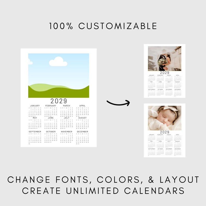 Editable Photo Calendar Template| 2029 Year| One Page| Photo Wall ...
