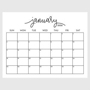 Peut inclure: Calendrier blanc minimaliste pour janvier 2026. Le mot "janvier" est écrit en cursive au-dessus de la grille. Les jours de la semaine sont en haut, avec les dates dans les cases.