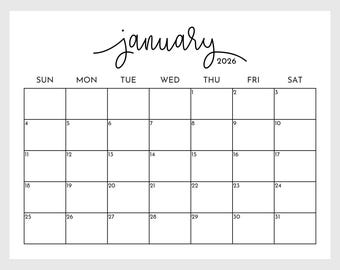 Afdrukbare kalender 2026, liggend maandplanner, minimale maandkalender 2026 afdrukbaar, muurkalender zondag start downloaden