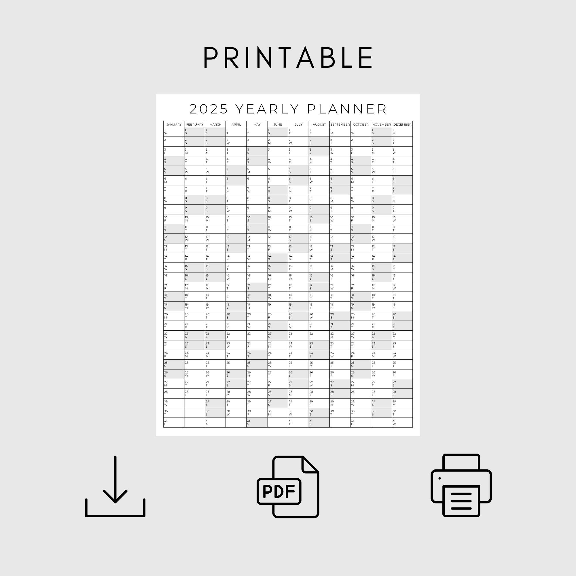 2025 Yearly Planner Printable, Yearly Planning Calendar, Calendar