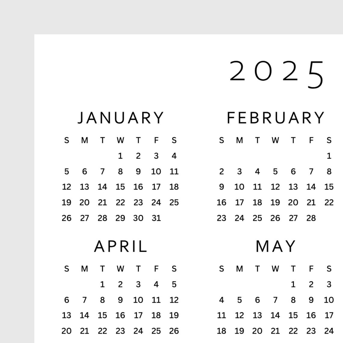 2025 Year at a Glance Calendar Printable | Full Year One Page | A4, A3 ...