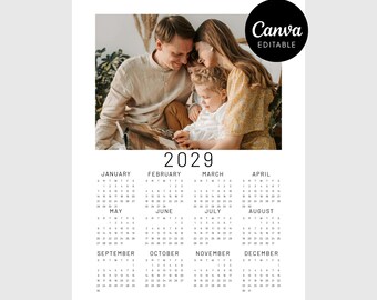 Modello di calendario fotografico modificabile/anno 2029/una pagina/calendario fotografico da parete/Canva/stampabile/regalo di Natale per la famiglia/download immediato