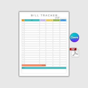 Op de afbeelding: Een witte factuurvolgsjabloon met de titel "BILL TRACKER" bovenaan. De sjabloon bevat kolommen voor "PAID", "BILL", "DUE DATE", "AMOUNT DUE", "AMOUNT PAID" en "UNPAID BALANCE". De Canva- en PDF-logo's zijn zichtbaar.