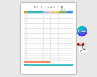 Bill Pay Organizer. Bill Payment Log. Monthly Bill Payment Checklist. Expense and Bill Tracker. Bill Payment Tracker. Editable CANVA. PDF