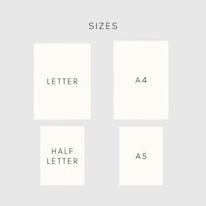 Może przedstawiać: Grafika przedstawiająca formaty papieru: Letter, A4, Half Letter i A5, na jasnoszarym tle. Słowo "SIZES" znajduje się u g&oacute;ry. Format papieru jest w białych prostokątach z nazwą w kolorze czarnym.