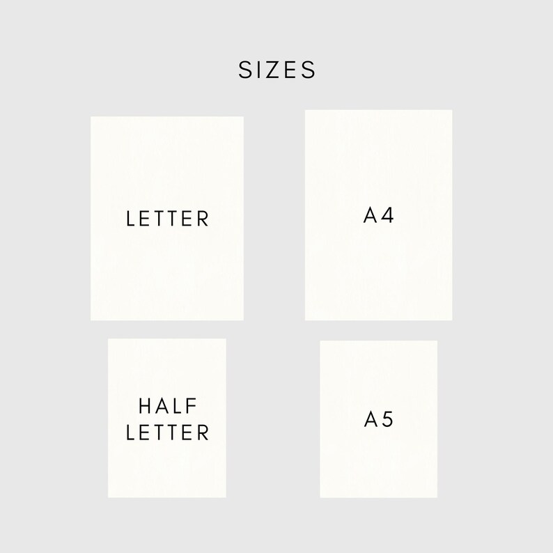 Może przedstawiać: Grafika przedstawiająca formaty papieru: Letter, A4, Half Letter i A5, na jasnoszarym tle. Słowo "SIZES" znajduje się u g&oacute;ry. Format papieru jest w białych prostokątach z nazwą w kolorze czarnym.