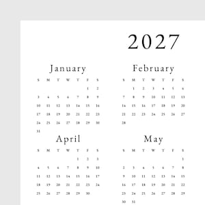 May include: A black and white calendar for the year 2027, showing the months of January, February, April, and May.
