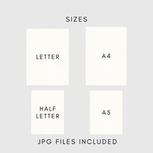 Może przedstawiać: Obraz przedstawia cztery formaty papieru: Letter, A4, Half Letter i A5. Słowo "SIZES" znajduje się na g&oacute;rze, a "JPG FILES INCLUDED" na dole. Papier jest biały, na jasnoszarym tle.