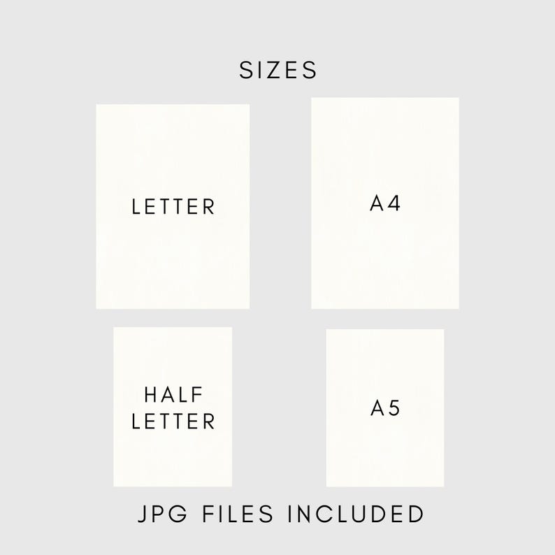 Może przedstawiać: Obraz przedstawia cztery formaty papieru: Letter, A4, Half Letter i A5. Słowo "SIZES" znajduje się na g&oacute;rze, a "JPG FILES INCLUDED" na dole. Papier jest biały, na jasnoszarym tle.
