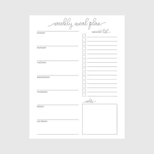 Pode incluir: Um bloco de notas branco para um plano de refeições semanal com texto manuscrito a preto. A parte superior do bloco de notas diz "weekly meal plan" e "grocery list". Os dias da semana estão listados, juntamente com um espaço para notas.