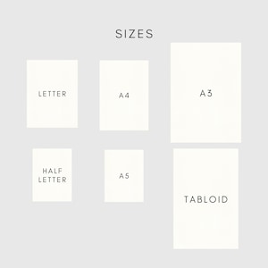 May include: Image showing paper sizes: Letter, Half Letter, A4, A5, A3, and Tabloid. The word "SIZES" is at the top. The paper sizes are rectangular and white, set against a light gray background.