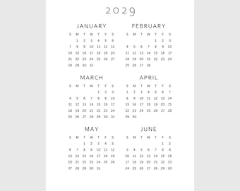 Calendario stampabile 2029 con riepilogo dell'anno / 6 mesi su una pagina / A4, A3, US Letter, Tabloid / Download PDF / Inizio minimalista lunedì e domenica