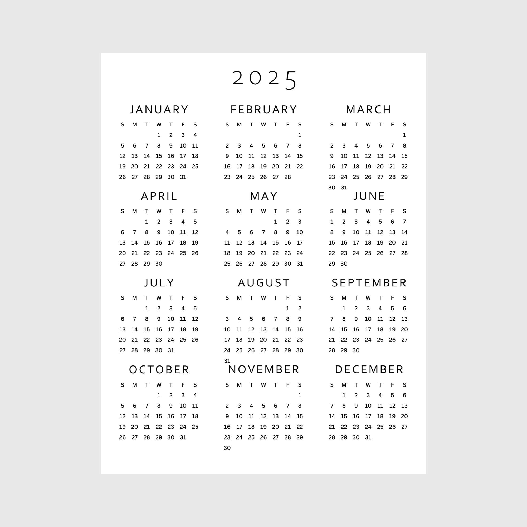 2025 Year at a Glance Calendar Printable | Full Year One Page | A4, A3