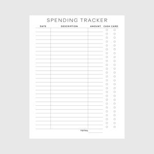 May include: A black and white printable spending tracker with columns for date, description, amount, and cash card. The tracker has 30 rows for recording expenses.