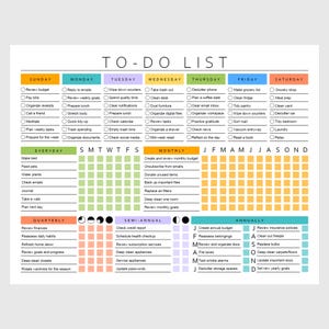 Printable To Do List Template Colorful PDF Checklist Daily Weekly Monthly Annual Instant Download Sunday & Monday Start Task Tracker ADHD A4