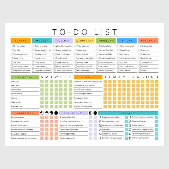 Printable To Do List Template Colorful PDF Checklist Daily Weekly Monthly Annual Instant Download Sunday & Monday Start Task Tracker ADHD A4