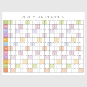 2028 Printable Year Planner | Large Wall Calendar 2028 | Yearly Wall Calendar | Rainbow Year Calendar | Giant Wall Calendar | A1 A2 A3 PDF