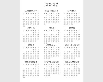 2027 Year at a Glance Calendar Printable | Full Year One Page | A4, A3, US Letter, Tabloid | PDF Download | Minimalist Monday & Sunday Start