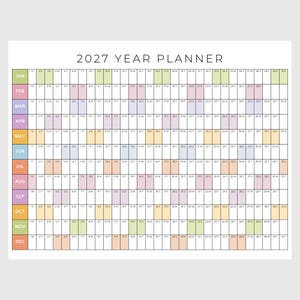 Planificador imprimible para el año 2027 / Calendario de pared grande 2027 / Calendario de pared anual / Calendario del año arcoíris / Calendario de pared gigante / A1 A2 A3 PDF