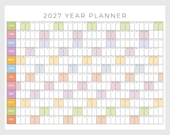 2027 Printable Year Planner | Large Wall Calendar 2027 | Yearly Wall Calendar | Rainbow Year Calendar | Giant Wall Calendar | A1 A2 A3 PDF