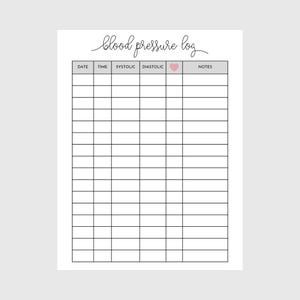 May include: A white sheet of paper with a blood pressure log layout. The title "blood pressure log" is written in cursive at the top. The log includes columns for date, time, systolic, diastolic, a pink heart icon, and notes.