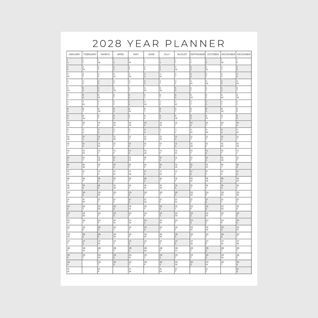 2028 Yearly Planner Printable, Yearly Planning Calendar, Calendar