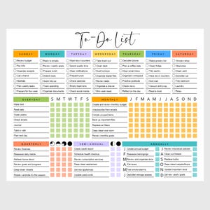 印刷可能なToDoリストテンプレート カラフルなPDFチェックリスト 日次 週次 月次 年間 インスタントダウンロード 日曜日と月曜日開始 タスクトラッカー ADHD A4